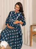 Janasya Teal Cotton Floral Fit & Flare Kurta | Grocsy