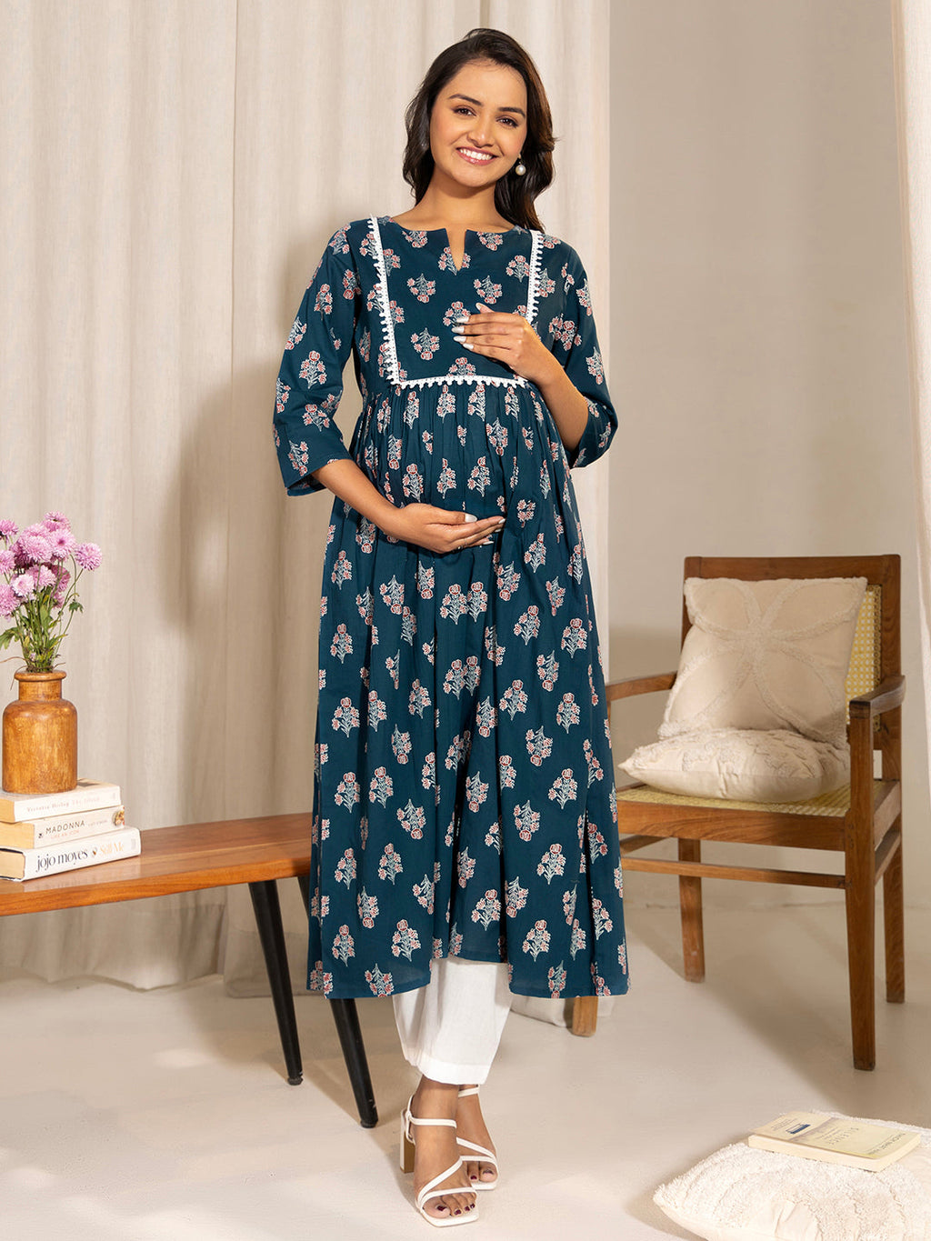 Janasya Teal Cotton Floral Fit & Flare Kurta | Grocsy