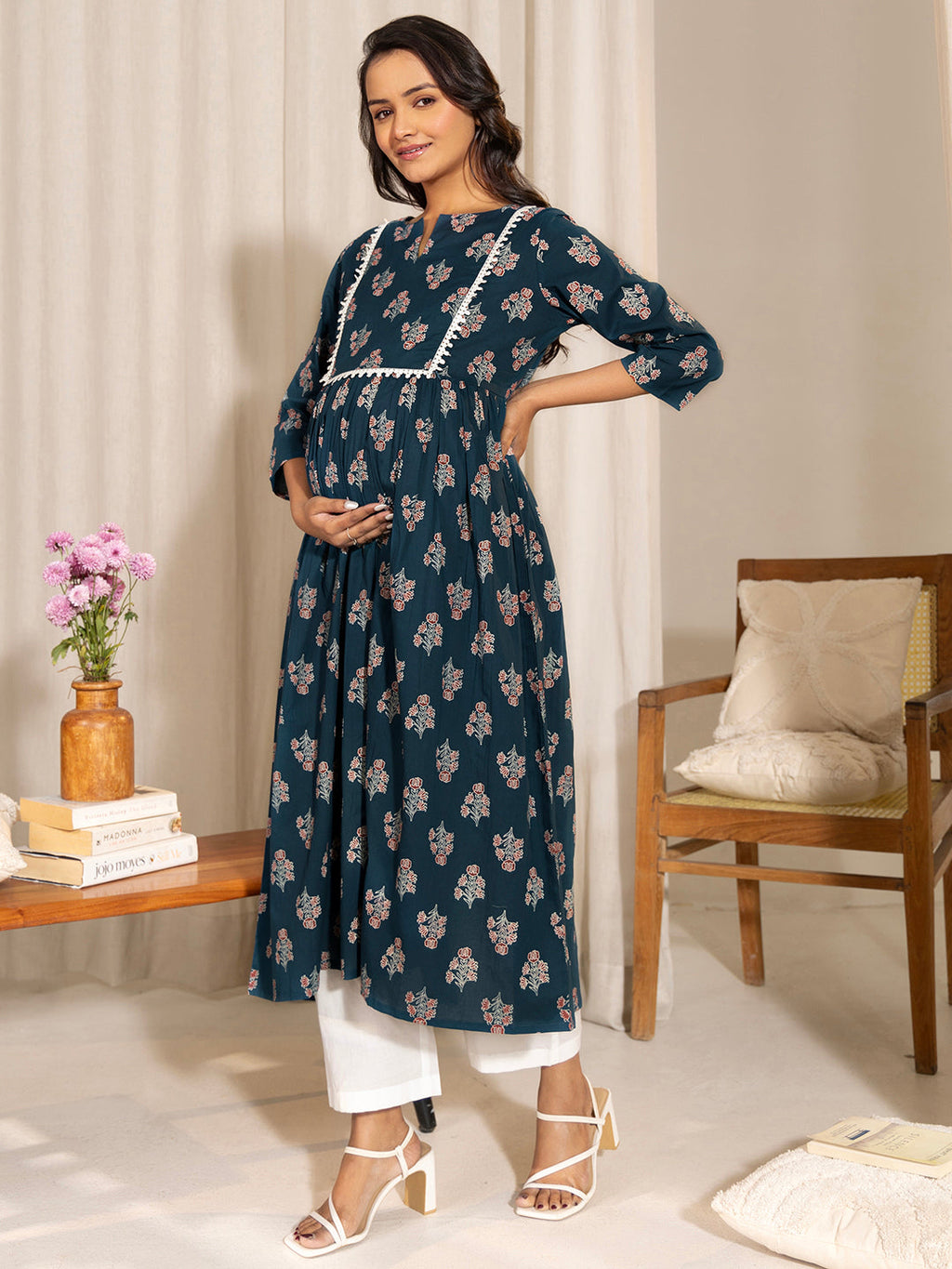 Janasya Teal Cotton Floral Fit & Flare Kurta | Grocsy
