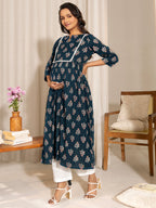 Janasya Teal Cotton Floral Fit & Flare Kurta | Grocsy