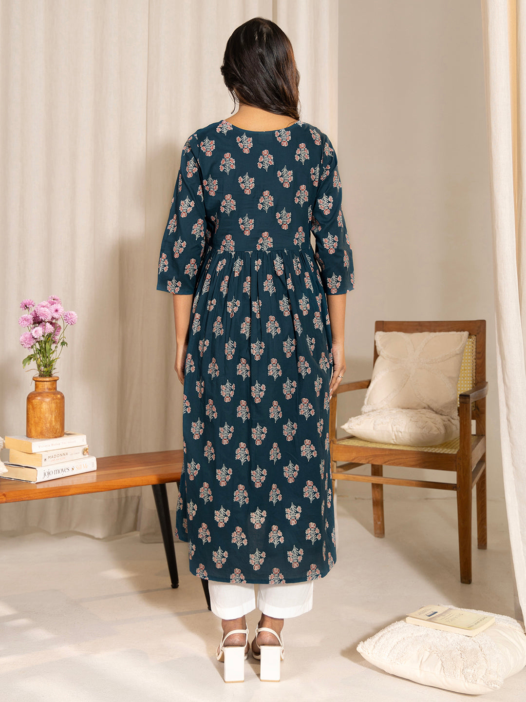 Janasya Teal Cotton Floral Fit & Flare Kurta | Grocsy