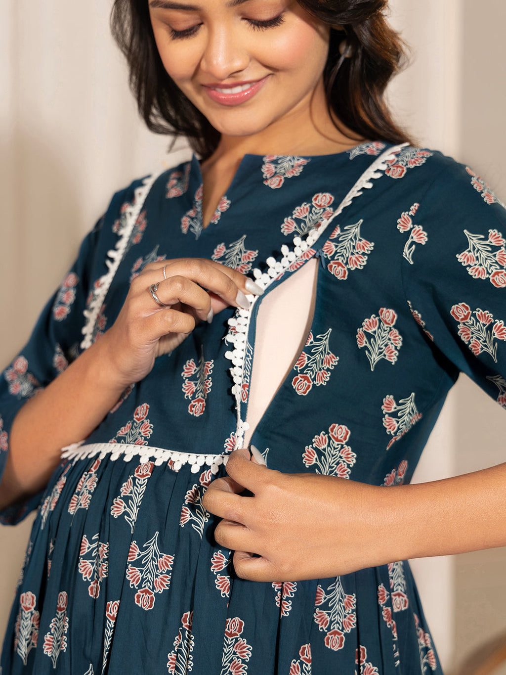 Janasya Teal Cotton Floral Fit & Flare Kurta | Grocsy