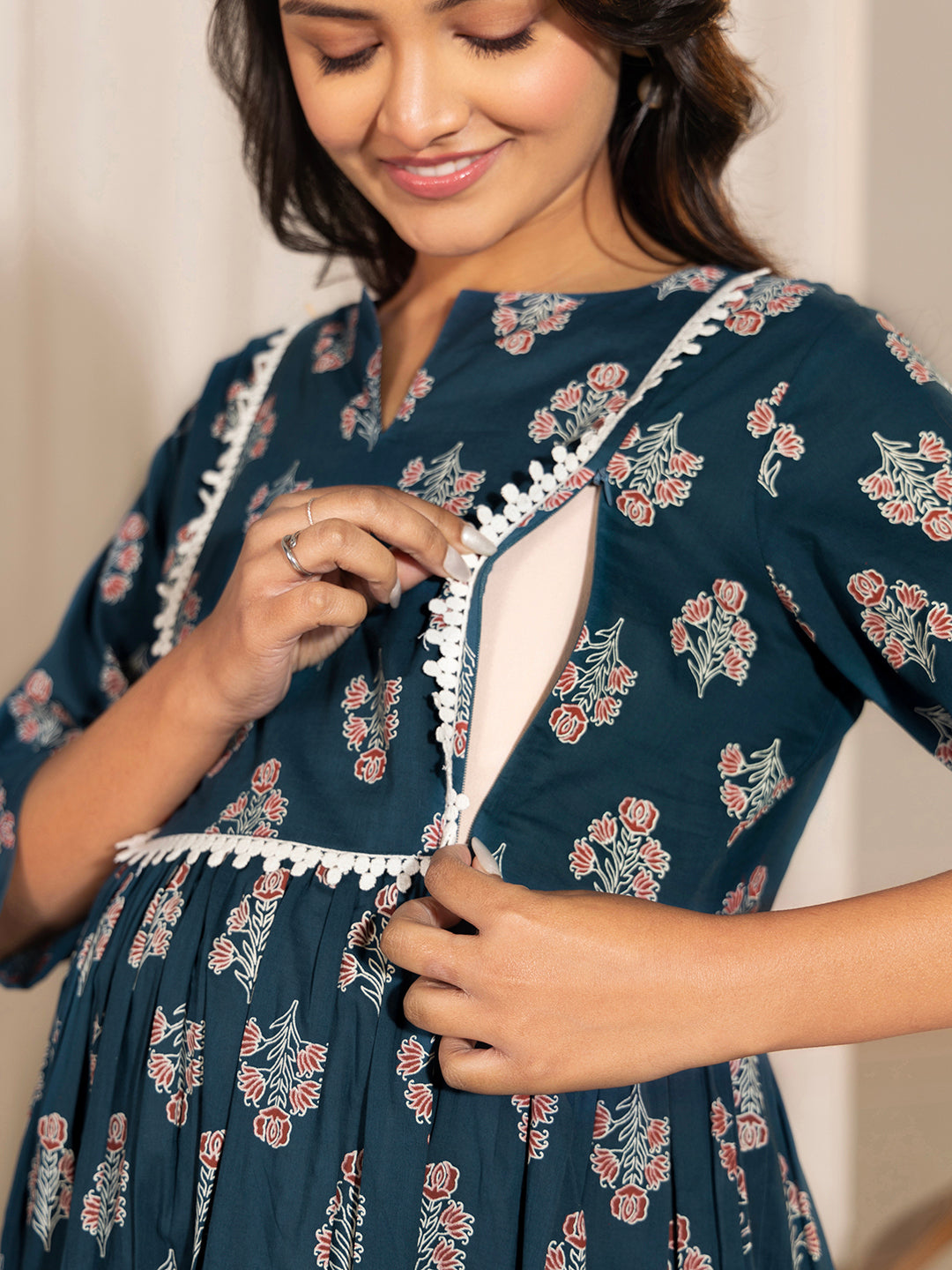Janasya Teal Cotton Floral Fit & Flare Kurta | Grocsy