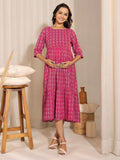 Janasya Pink Cotton Woven Design Casual Maternity Dress | Grocsy