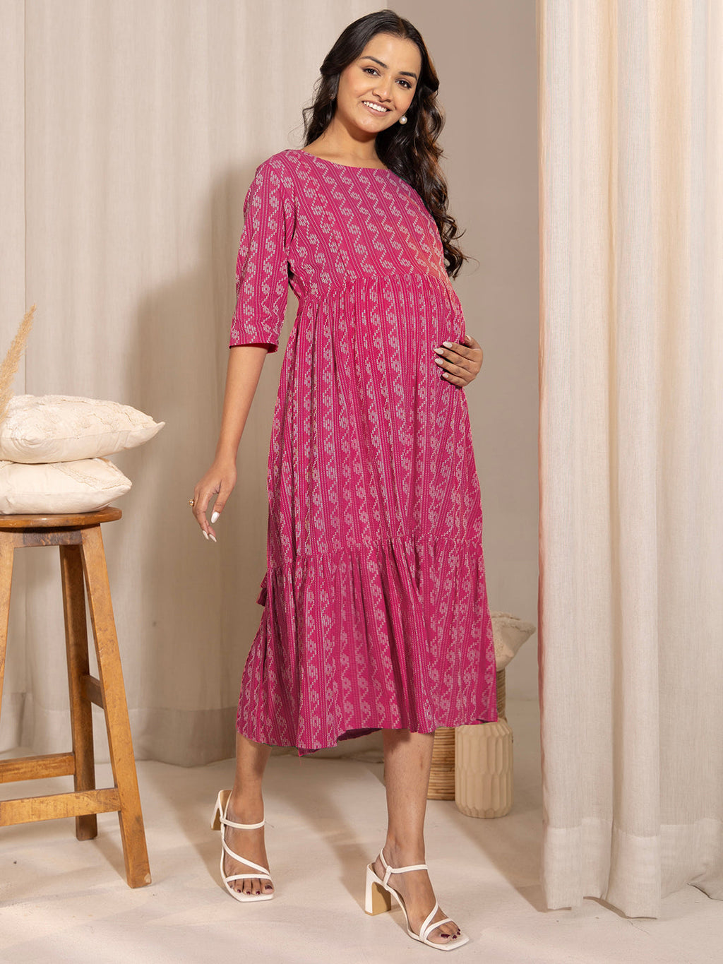 Janasya Pink Cotton Woven Design Casual Maternity Dress | Grocsy