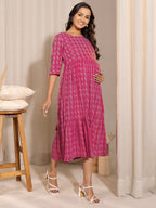 Janasya Pink Cotton Woven Design Casual Maternity Dress | Grocsy