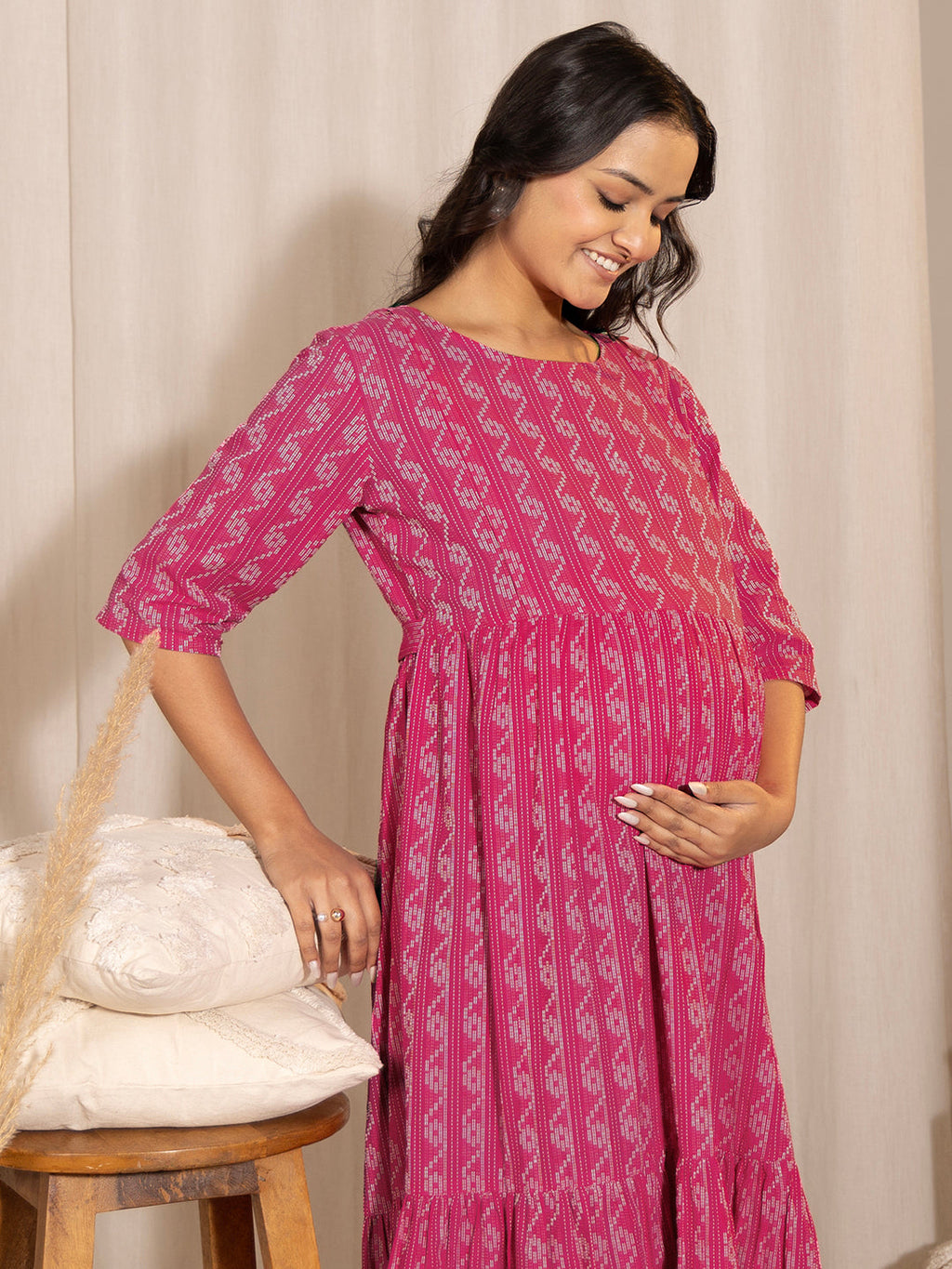 Janasya Pink Cotton Woven Design Casual Maternity Dress | Grocsy