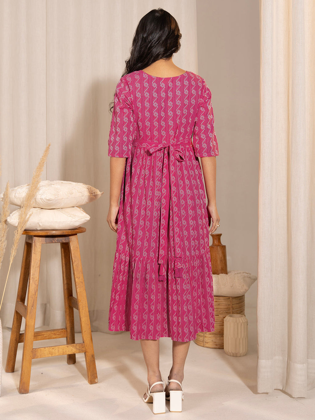 Janasya Pink Cotton Woven Design Casual Maternity Dress | Grocsy
