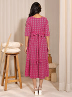 Janasya Pink Cotton Woven Design Casual Maternity Dress | Grocsy