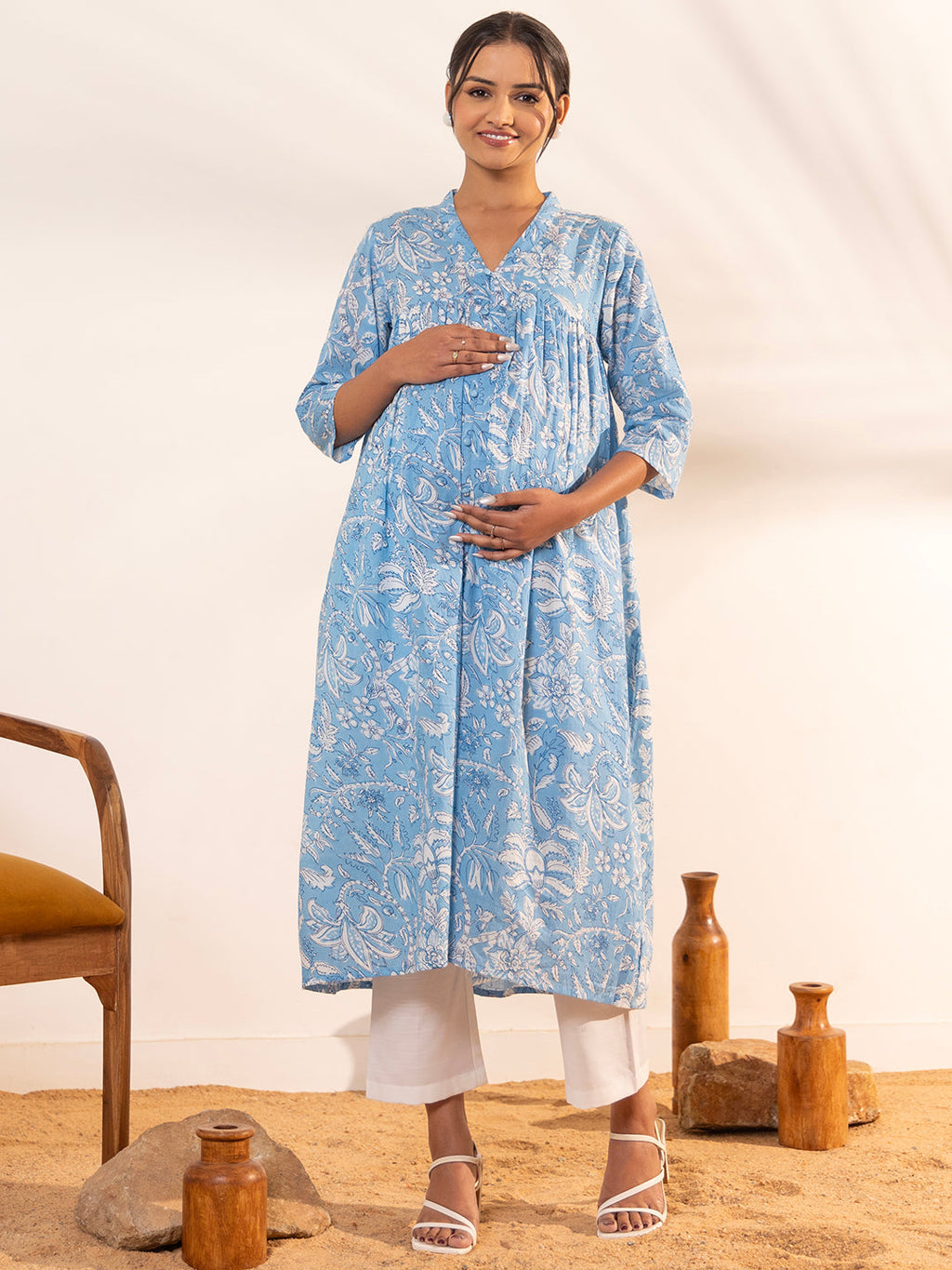 Janasya Sky Blue Cotton Floral Printed Casual Maternity Kurta | Grocsy
