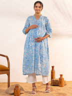 Janasya Sky Blue Cotton Floral Printed Casual Maternity Kurta | Grocsy