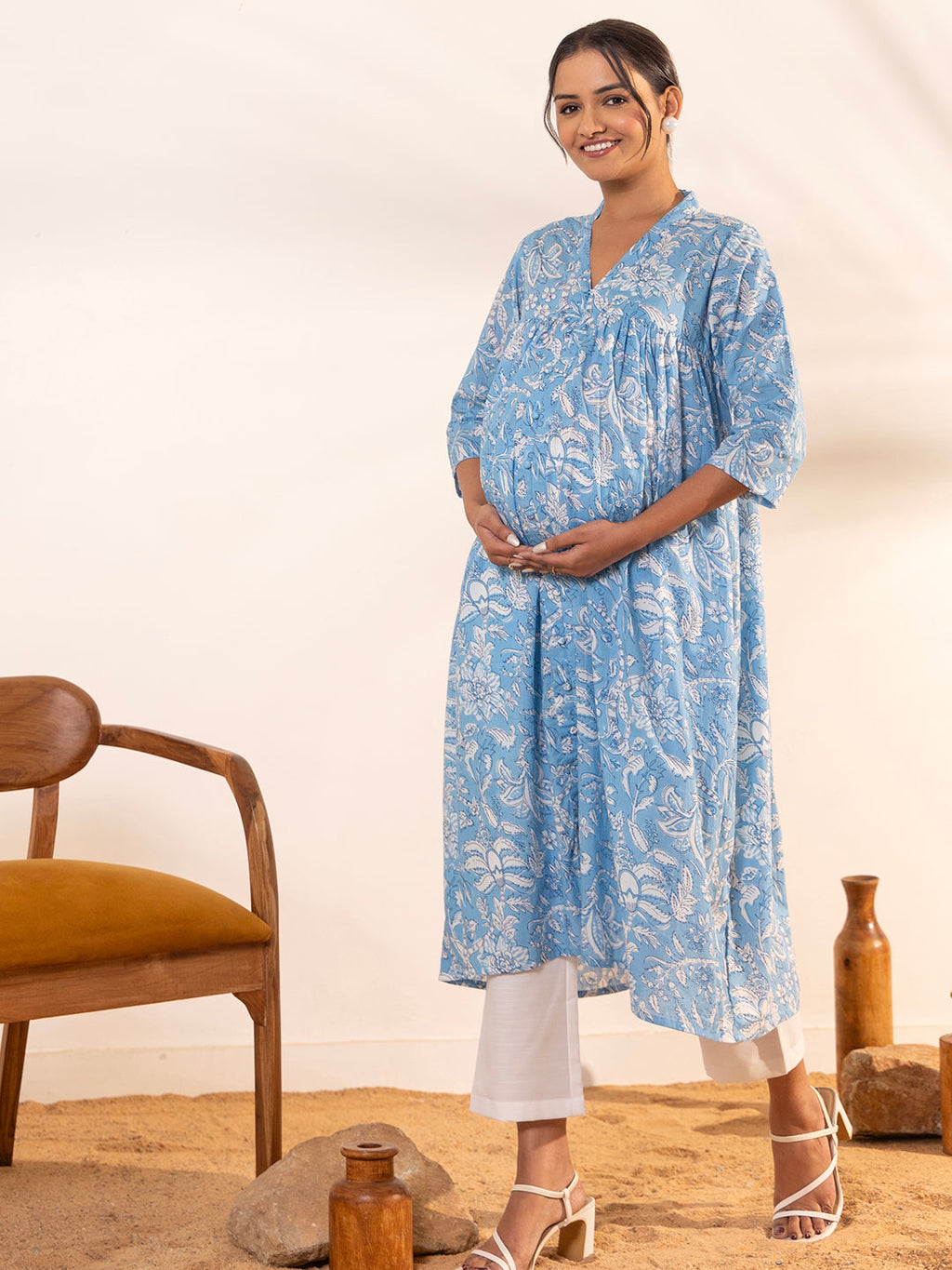 Janasya Sky Blue Cotton Floral Printed Casual Maternity Kurta | Grocsy