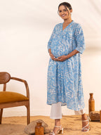 Janasya Sky Blue Cotton Floral Printed Casual Maternity Kurta | Grocsy