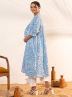 Janasya Sky Blue Cotton Floral Printed Casual Maternity Kurta | Grocsy