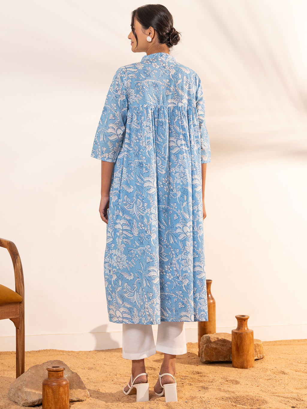 Janasya Sky Blue Cotton Floral Printed Casual Maternity Kurta | Grocsy