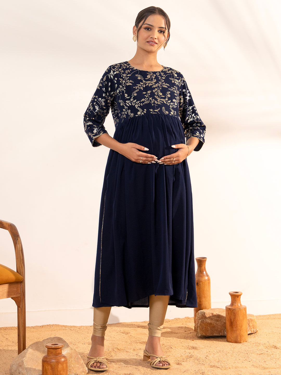 Janasya Navy Blue Georgette Yoke Foil Printed Casual Maternity Kurta | Grocsy