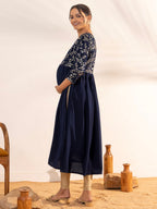 Janasya Navy Blue Georgette Yoke Foil Printed Casual Maternity Kurta | Grocsy