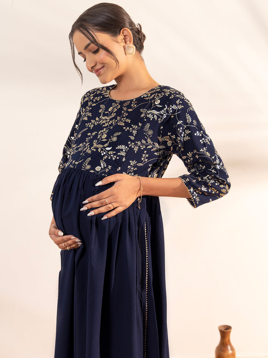 Janasya Navy Blue Georgette Yoke Foil Printed Casual Maternity Kurta | Grocsy