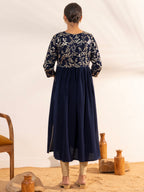 Janasya Navy Blue Georgette Yoke Foil Printed Casual Maternity Kurta | Grocsy