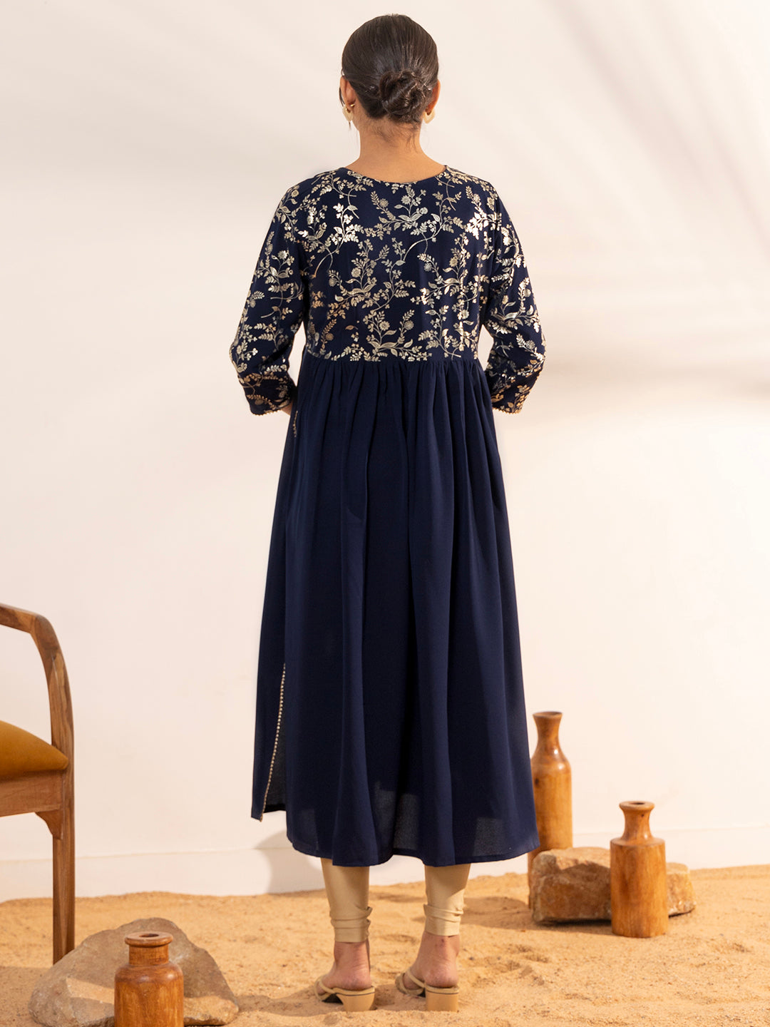 Janasya Navy Blue Georgette Yoke Foil Printed Casual Maternity Kurta | Grocsy