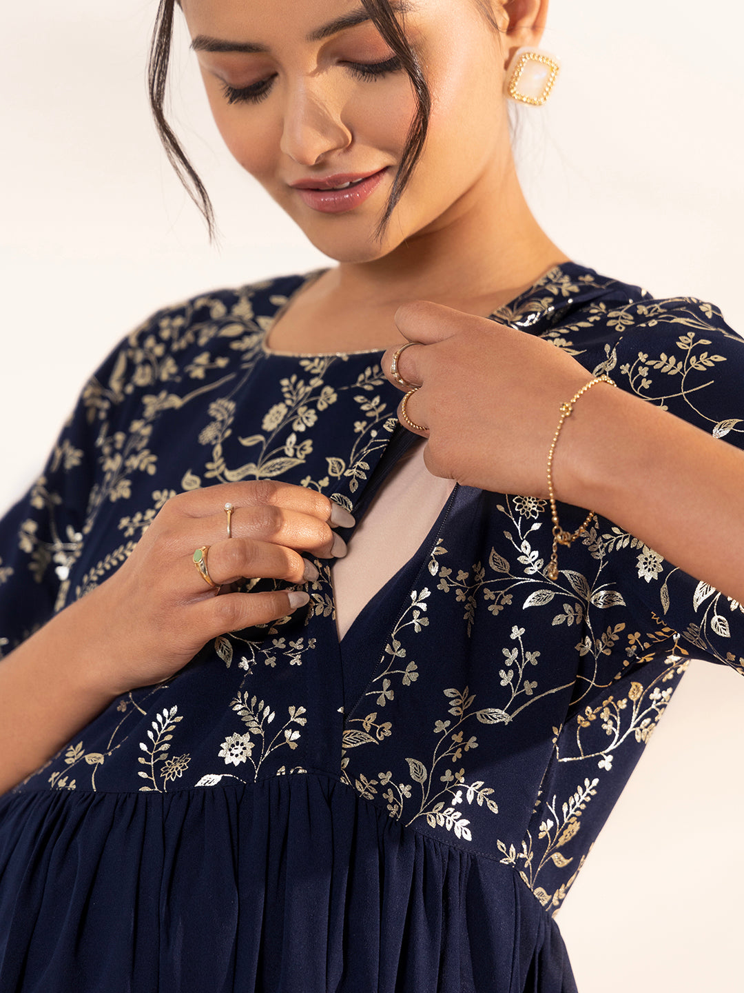 Janasya Navy Blue Georgette Yoke Foil Printed Casual Maternity Kurta | Grocsy