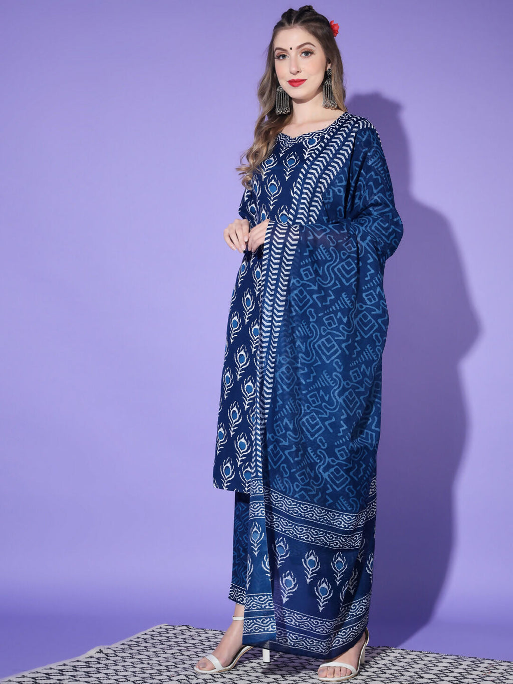 Vamika Poly Rayon Printed Royal Blue Party Wear/Casual Wear/Office Wear Kurta Set/Suit | Grocsy