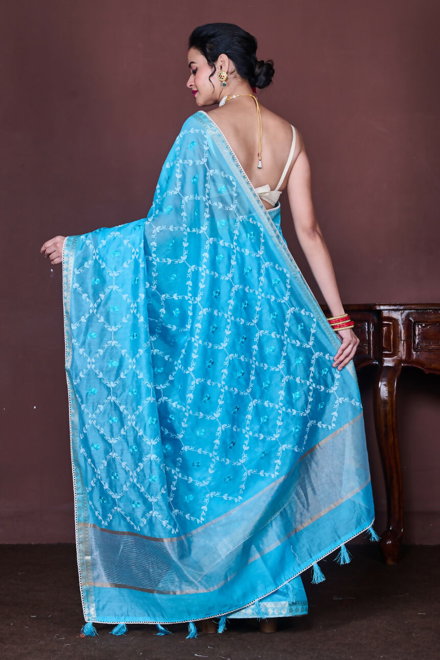 Morchari Sky Blue Cotton Chanderi Embroidery Saree Unstitched Blouse | Grocsy