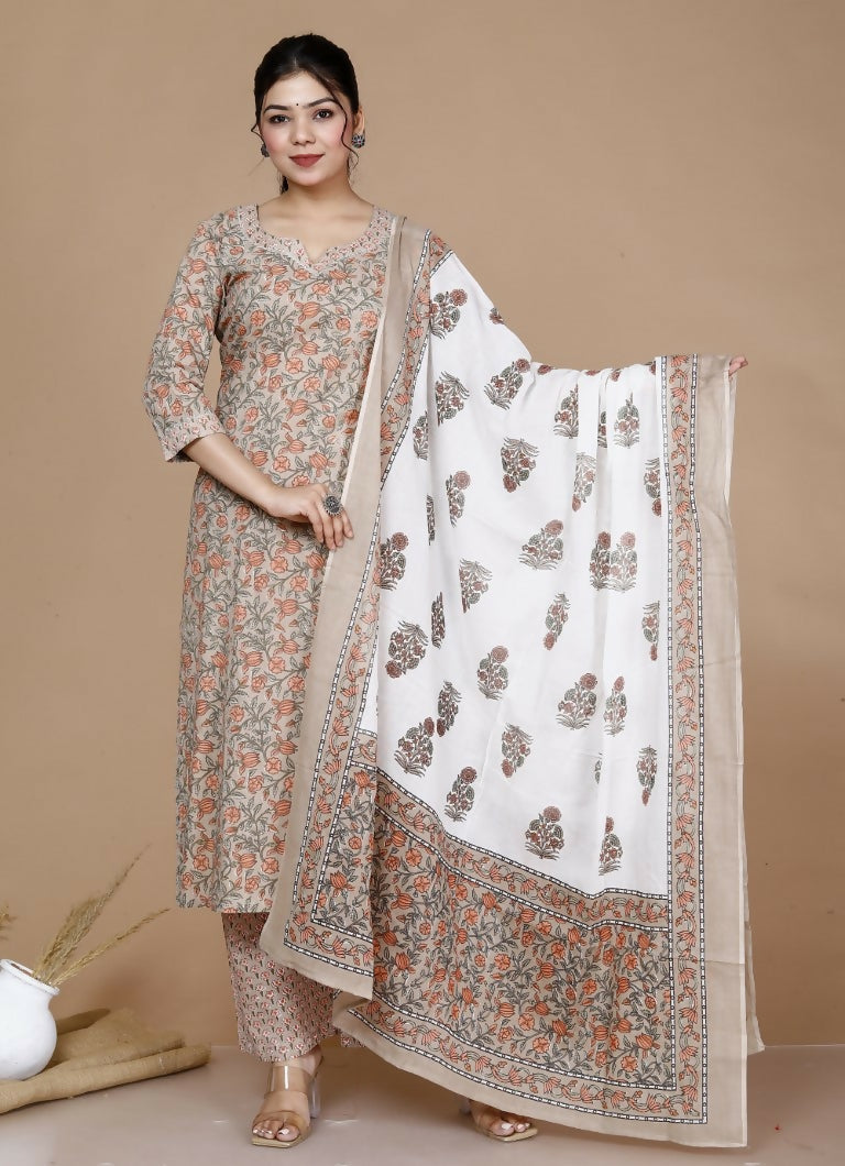 Miravan Women's Brown Floral Printed Gotta Patti Kurta With Palazzo And Dupatta Set | Grocsy