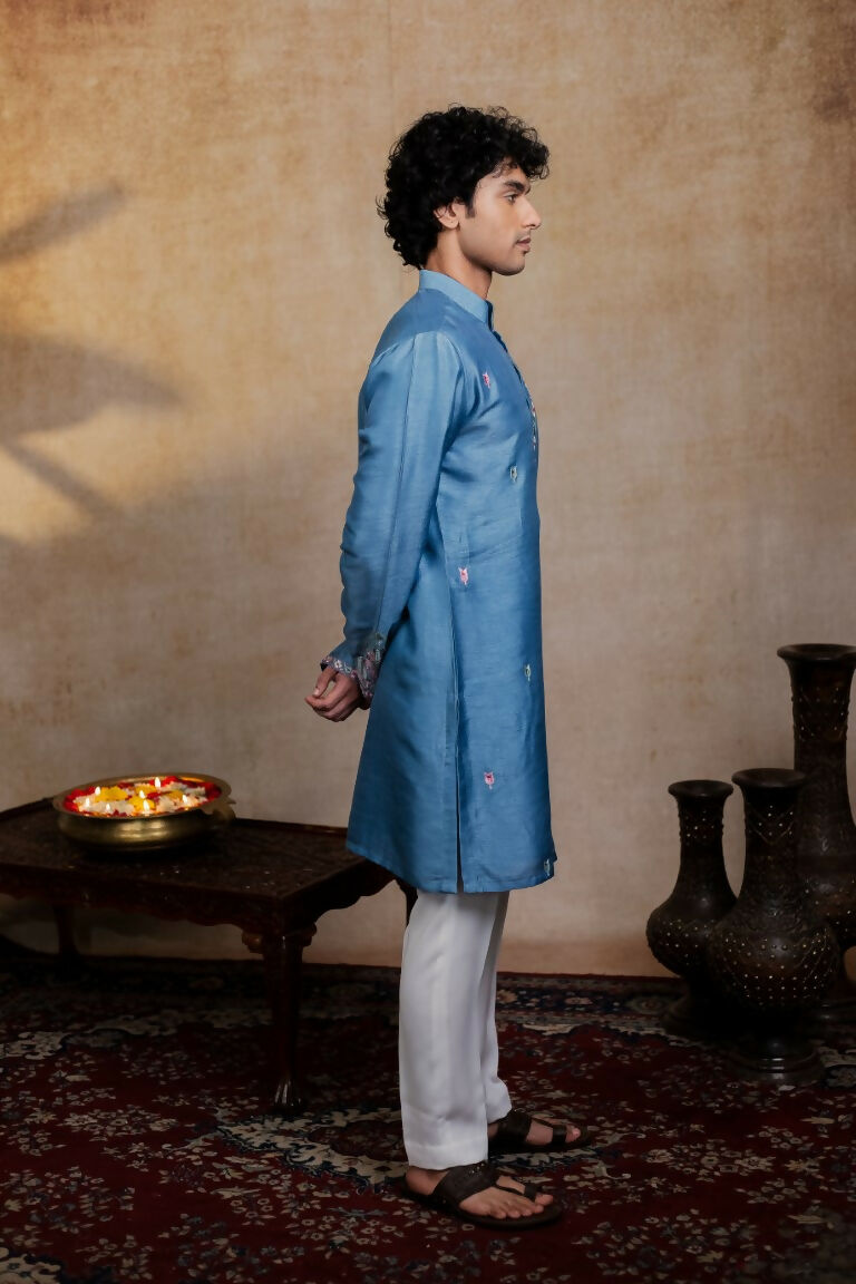 Falling Raw Silk Blue Varnika Kurta Set By Hilo Design | Grocsy