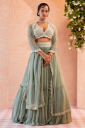 Jyoti Fashion Sea Green Two Tier Crush Georgette Lehenga Choli with Dupatta | Grocsy