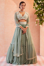 Jyoti Fashion Sea Green Two Tier Crush Georgette Lehenga Choli with Dupatta | Grocsy