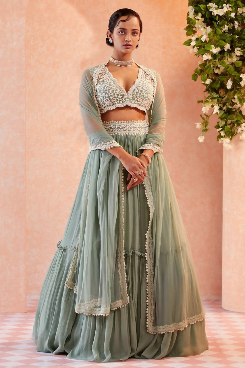 Jyoti Fashion Sea Green Two Tier Crush Georgette Lehenga Choli with Dupatta | Grocsy
