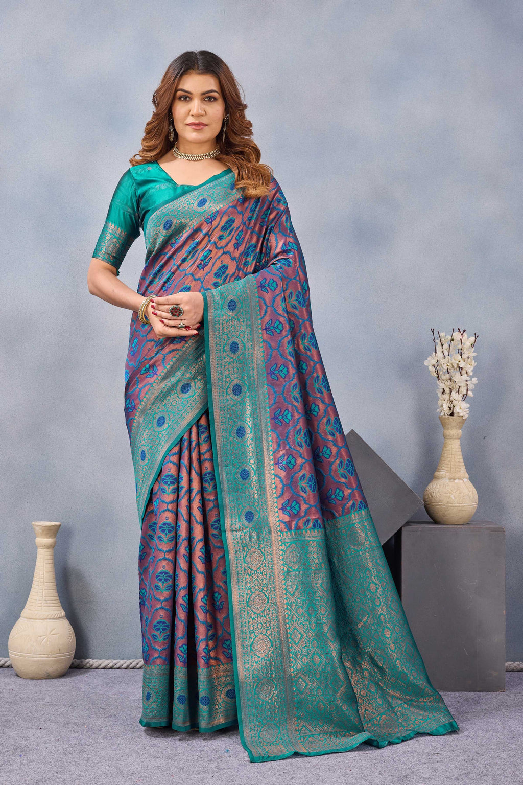 Divine International Trading Co Turquoise Soft Silk Blend Banarasi Jacuard Work Designer Party Wear Saree With Unstitched Blouse Piece | Grocsy