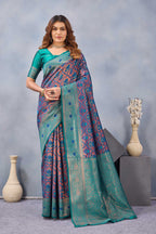 Divine International Trading Co Turquoise Soft Silk Blend Banarasi Jacuard Work Designer Party Wear Saree With Unstitched Blouse Piece | Grocsy