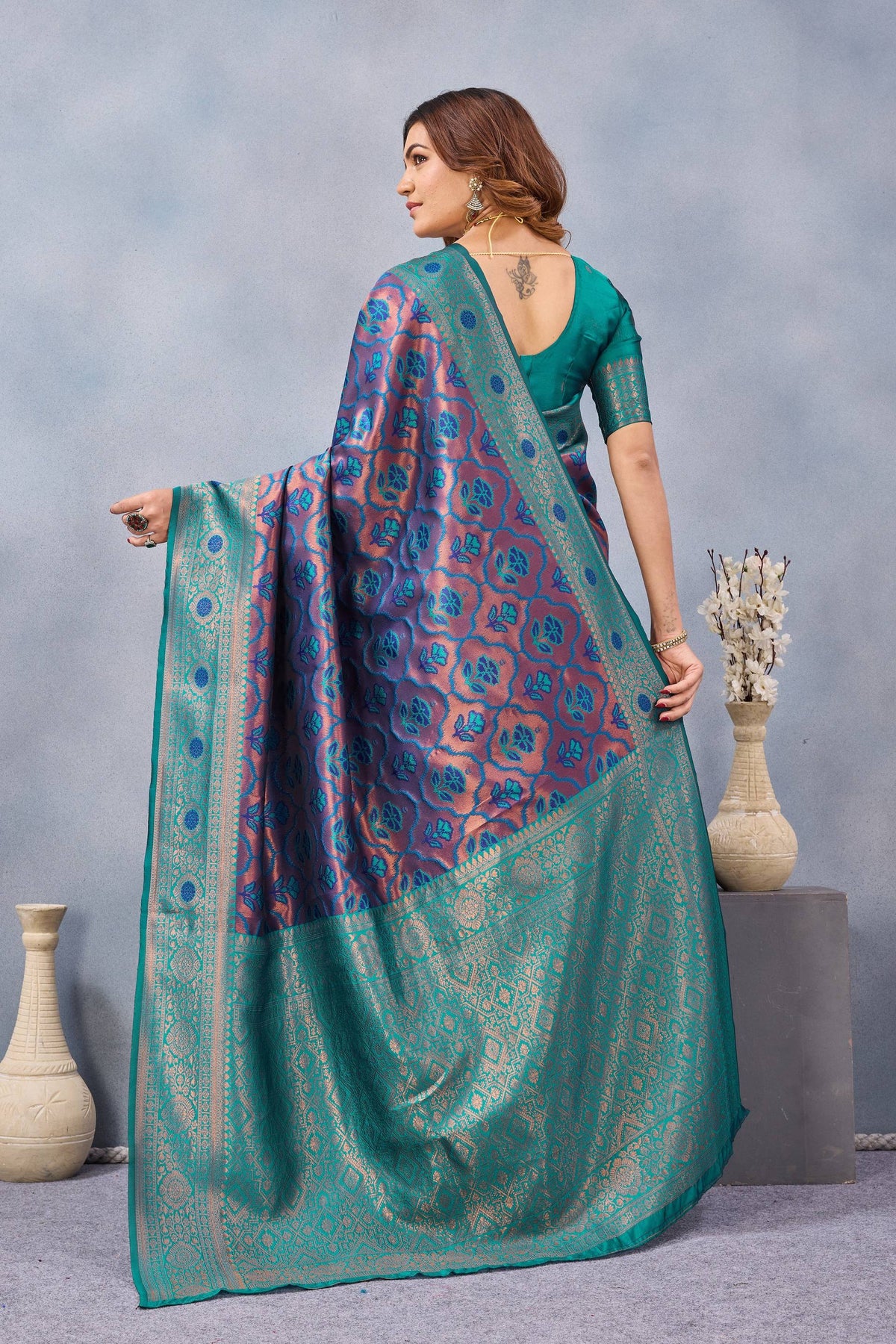 Divine International Trading Co Turquoise Soft Silk Blend Banarasi Jacuard Work Designer Party Wear Saree With Unstitched Blouse Piece | Grocsy