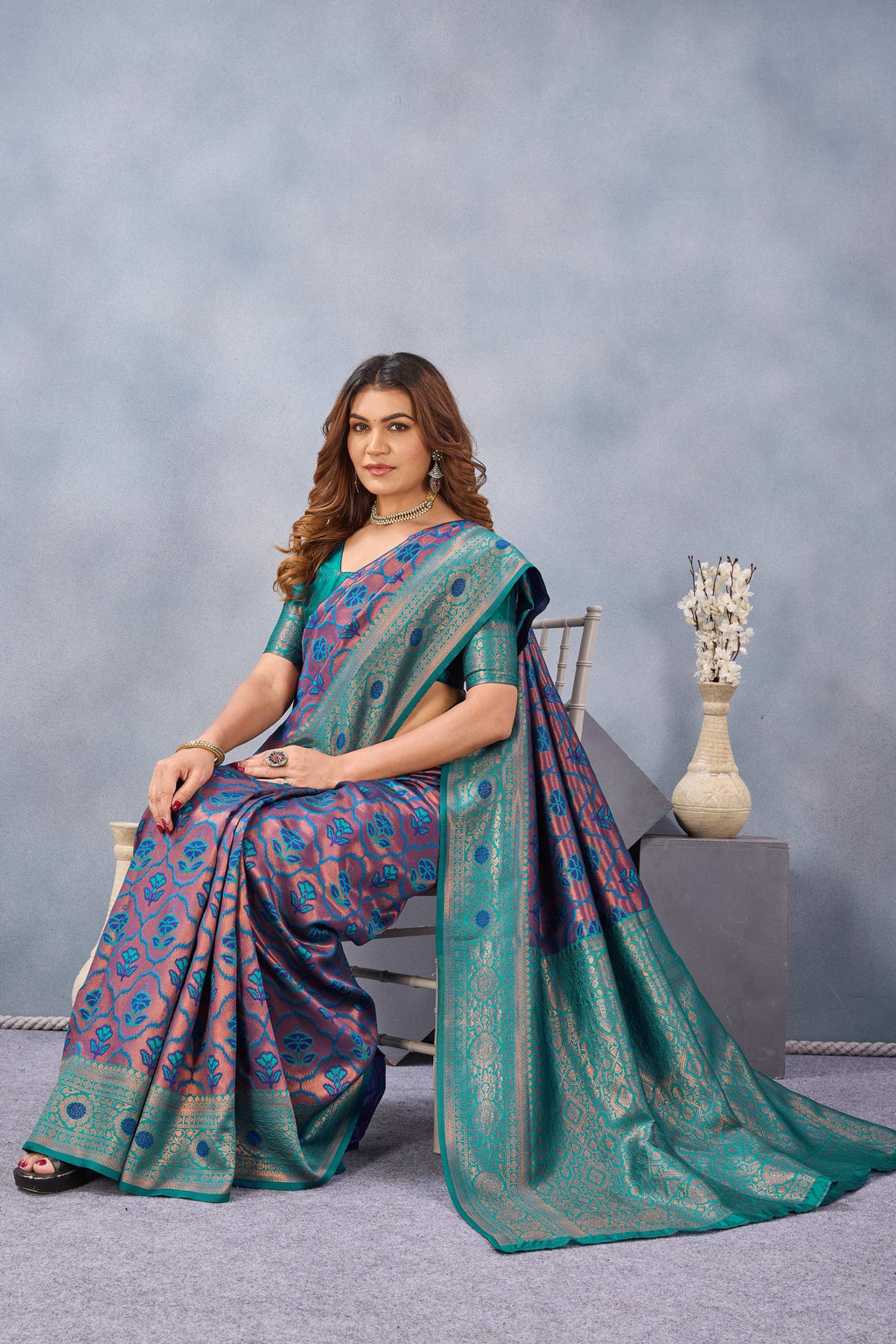 Divine International Trading Co Turquoise Soft Silk Blend Banarasi Jacuard Work Designer Party Wear Saree With Unstitched Blouse Piece | Grocsy