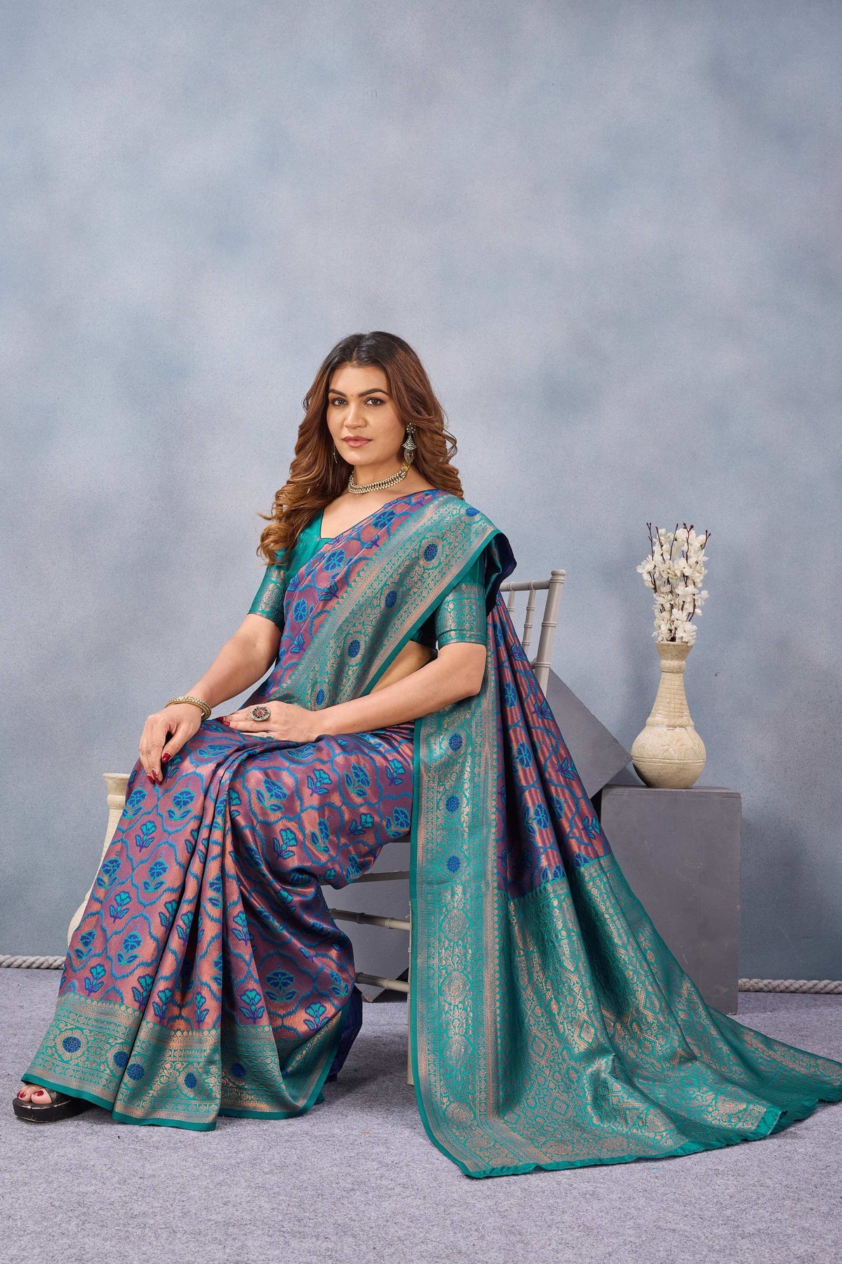 Divine International Trading Co Turquoise Soft Silk Blend Banarasi Jacuard Work Designer Party Wear Saree With Unstitched Blouse Piece | Grocsy