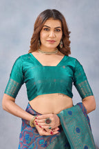 Divine International Trading Co Turquoise Soft Silk Blend Banarasi Jacuard Work Designer Party Wear Saree With Unstitched Blouse Piece | Grocsy