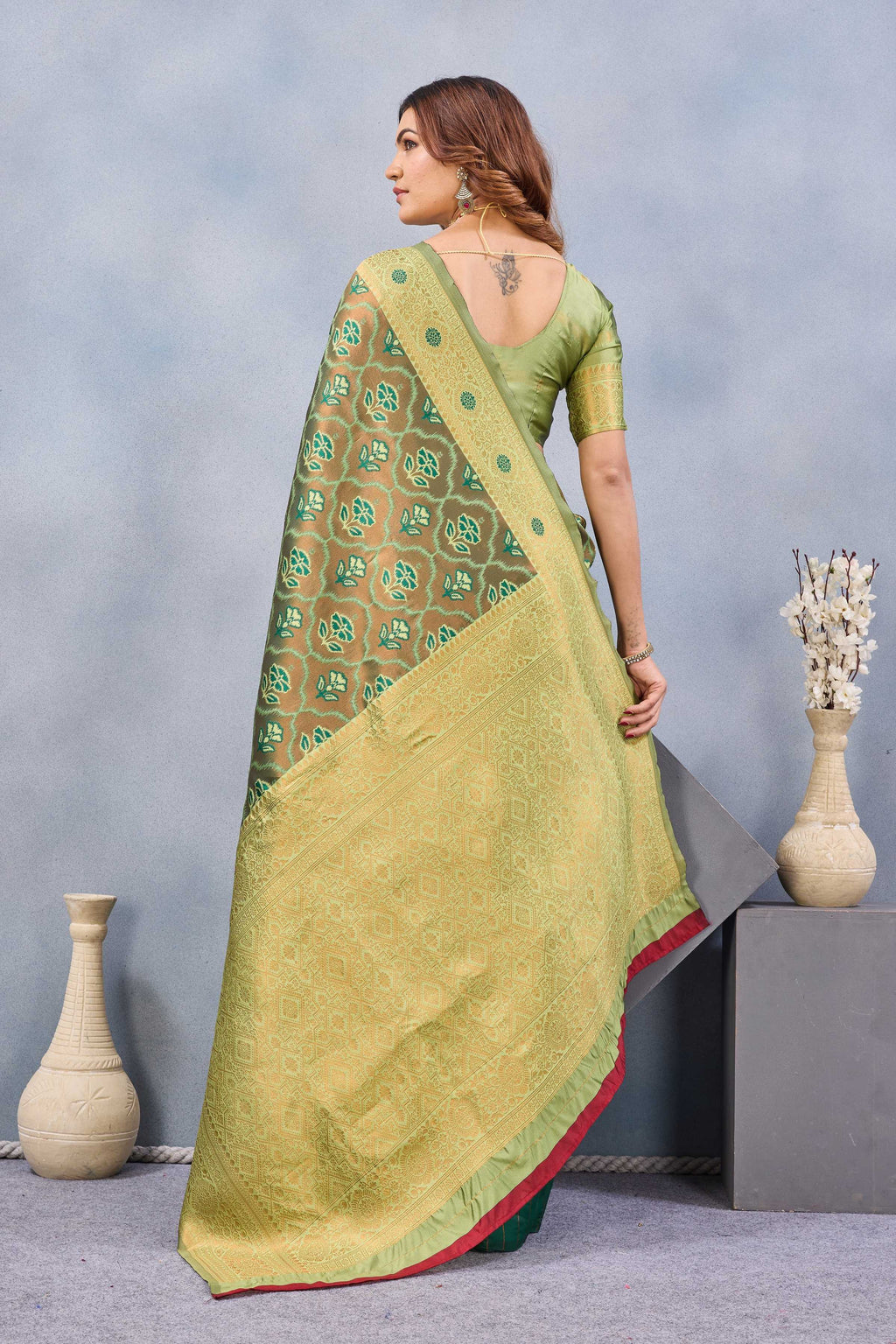 Divine International Trading Co Light Green Soft Silk Blend Banarasi Jacuard Work Designer Party Wear Saree With Unstitched Blouse Piece | Grocsy