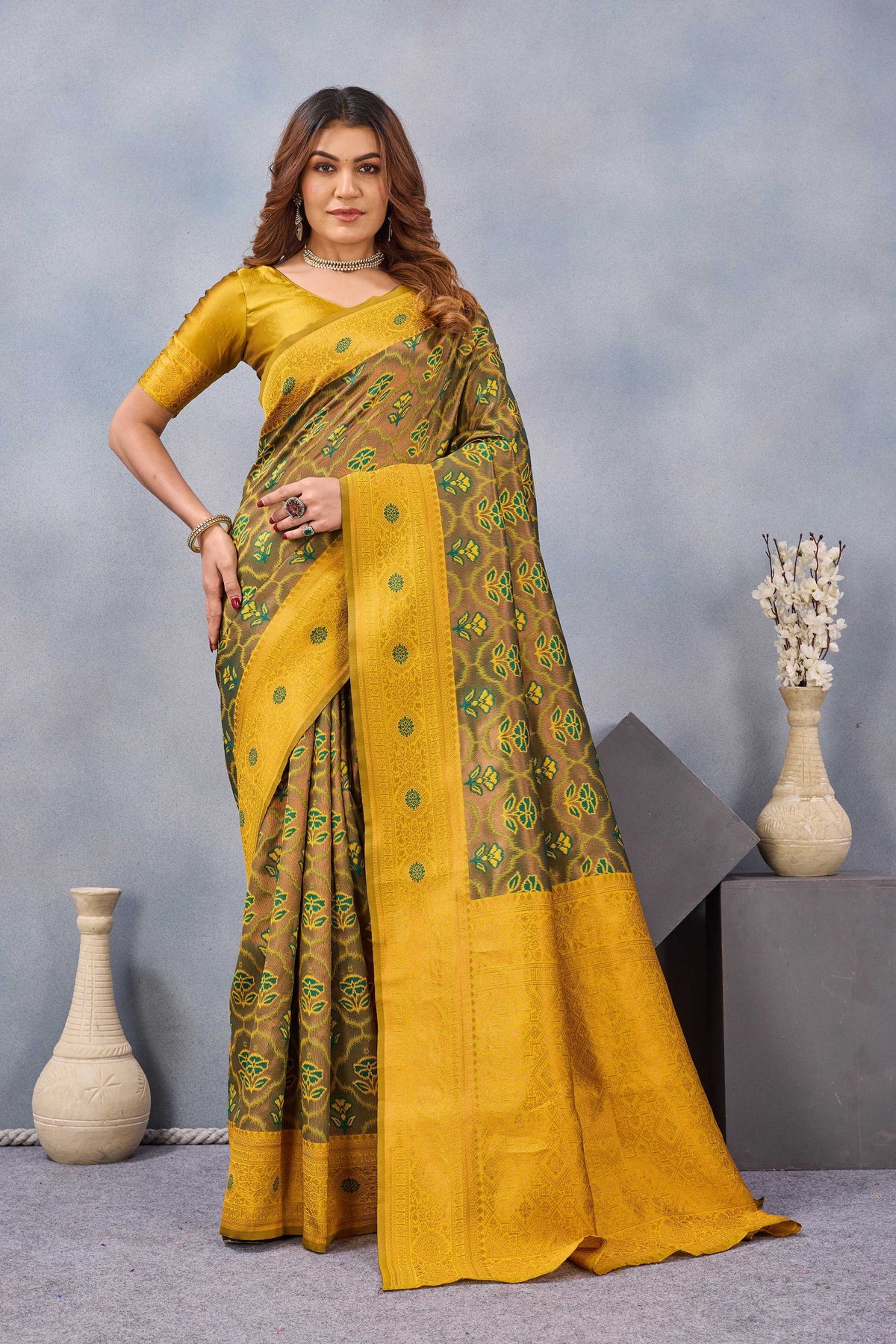 Divine International Trading Co Green Mustard Soft Silk Blend Banarasi Jacuard Work Designer Party Wear Saree With Unstitched Blouse Piece | Grocsy
