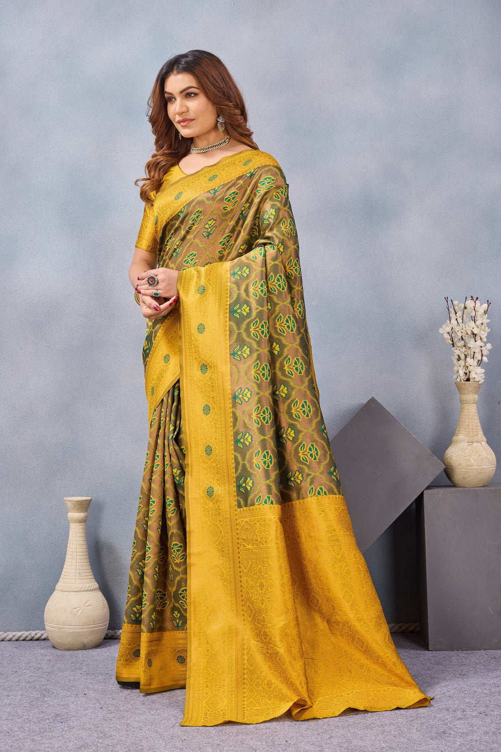 Divine International Trading Co Green Mustard Soft Silk Blend Banarasi Jacuard Work Designer Party Wear Saree With Unstitched Blouse Piece | Grocsy