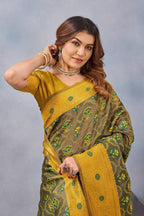 Divine International Trading Co Green Mustard Soft Silk Blend Banarasi Jacuard Work Designer Party Wear Saree With Unstitched Blouse Piece | Grocsy