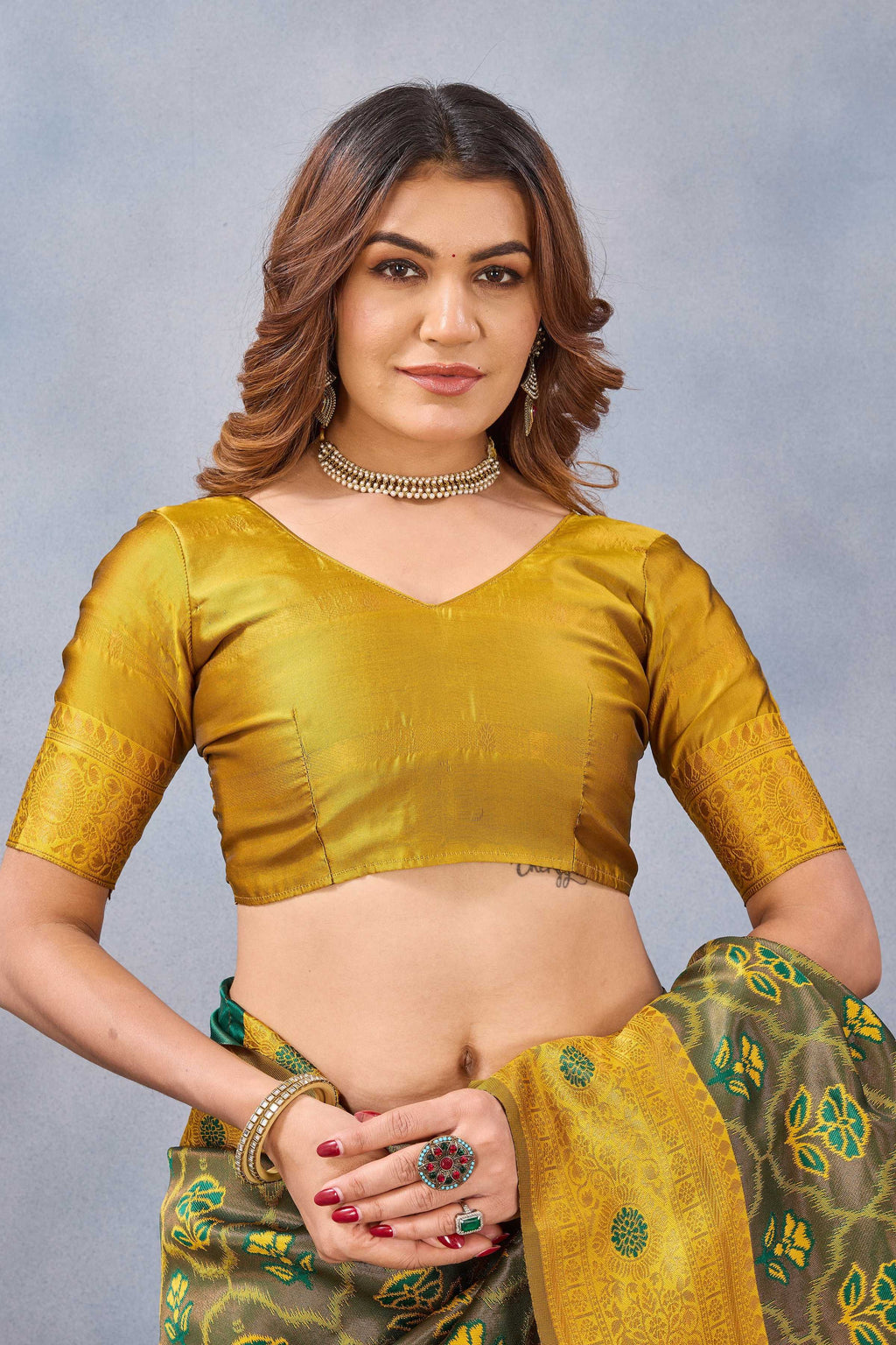 Divine International Trading Co Green Mustard Soft Silk Blend Banarasi Jacuard Work Designer Party Wear Saree With Unstitched Blouse Piece | Grocsy