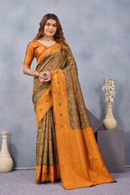 Divine International Trading Co Green Orange Soft Silk Blend Banarasi Jacuard Work Designer Party Wear Saree With Unstitched Blouse Piece | Grocsy