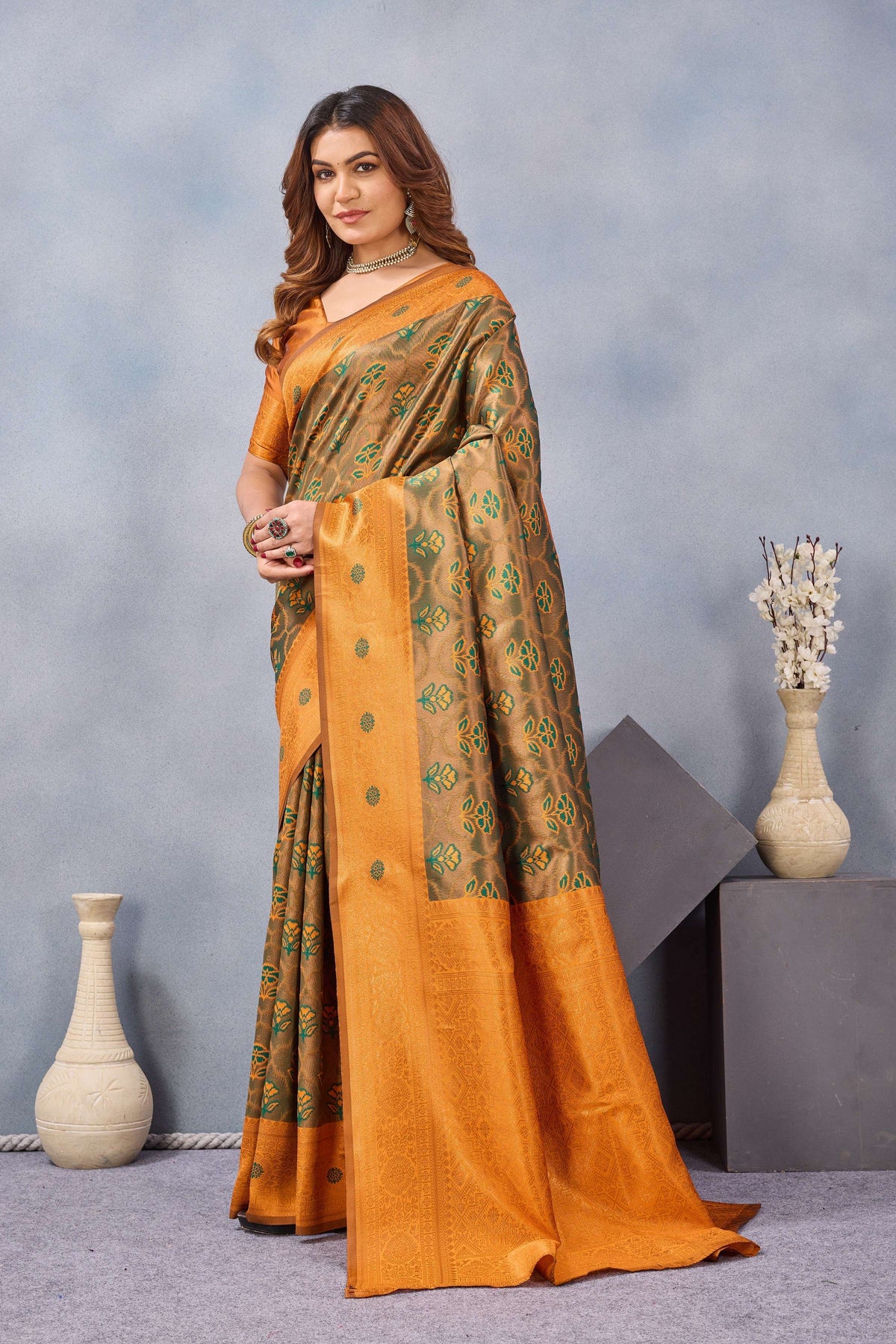 Divine International Trading Co Green Orange Soft Silk Blend Banarasi Jacuard Work Designer Party Wear Saree With Unstitched Blouse Piece | Grocsy