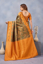 Divine International Trading Co Green Orange Soft Silk Blend Banarasi Jacuard Work Designer Party Wear Saree With Unstitched Blouse Piece | Grocsy