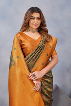 Divine International Trading Co Green Orange Soft Silk Blend Banarasi Jacuard Work Designer Party Wear Saree With Unstitched Blouse Piece | Grocsy