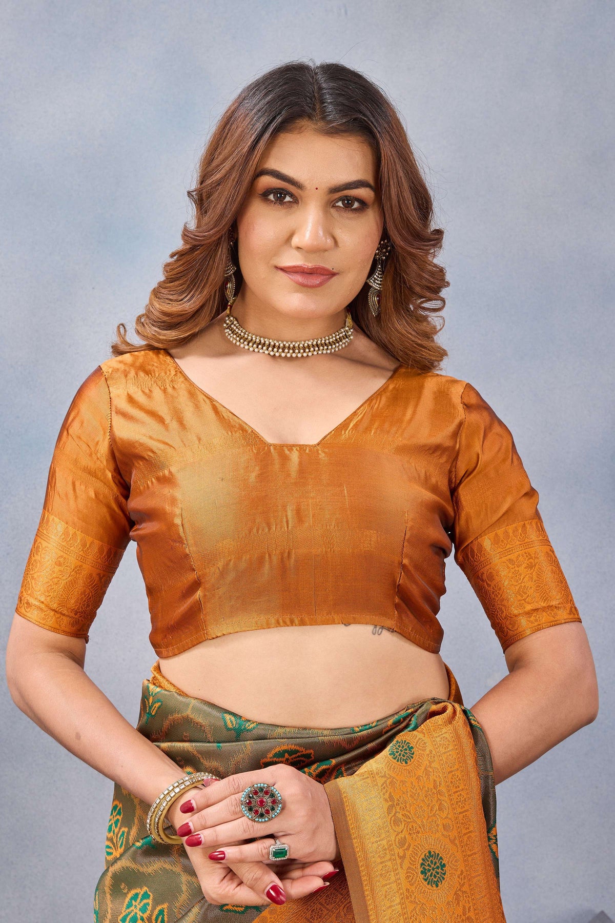 Divine International Trading Co Green Orange Soft Silk Blend Banarasi Jacuard Work Designer Party Wear Saree With Unstitched Blouse Piece | Grocsy