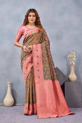 Divine International Trading Co Green Pink Soft Silk Blend Banarasi Jacuard Work Designer Party Wear Saree With Unstitched Blouse Piece | Grocsy