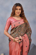 Divine International Trading Co Green Pink Soft Silk Blend Banarasi Jacuard Work Designer Party Wear Saree With Unstitched Blouse Piece | Grocsy